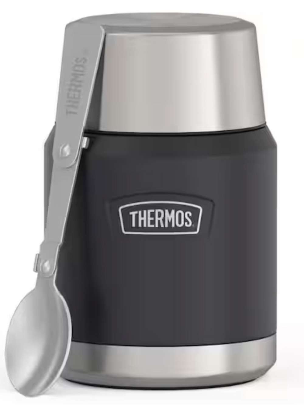 Thermos Black and Silver Insulated Food Jar with Folding Spoon